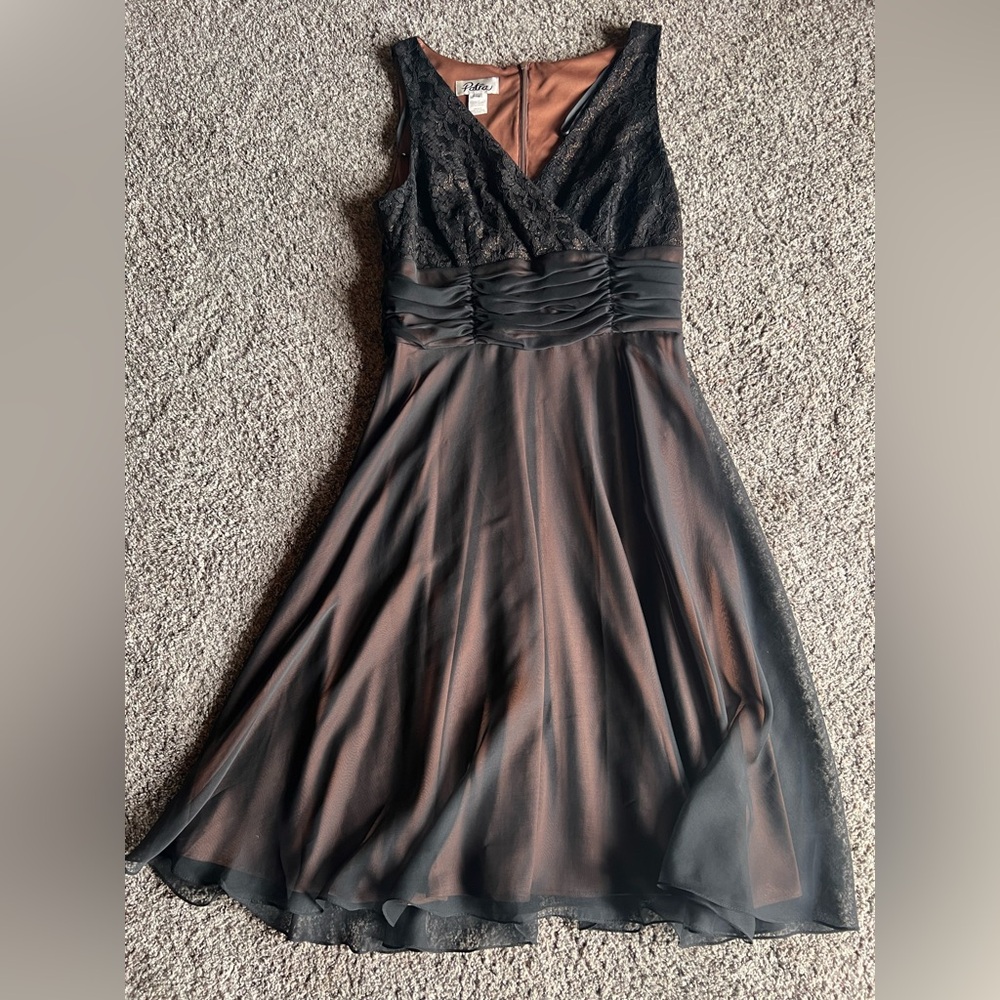 Patra Black Lace V-Neck Midi Dress with Sheer Overlay